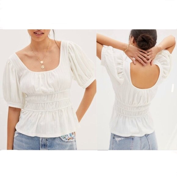 Sz XL- NWT Maeve Anthro Cream Romantic Puff Sleeve‎ Ruched Waist Milkmaid Top - Picture 1 of 11